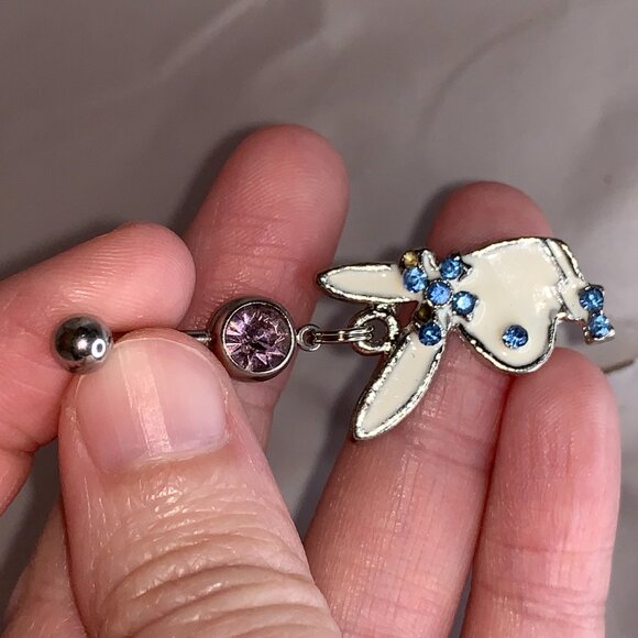 Pink and Blue Play boy-looking Bunny Dangle Belly Ring - Picture 7 of 16
